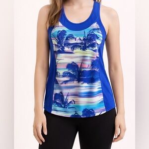 058 - FILA womens XS racerback running tank top Dazzling Blue palm trees
